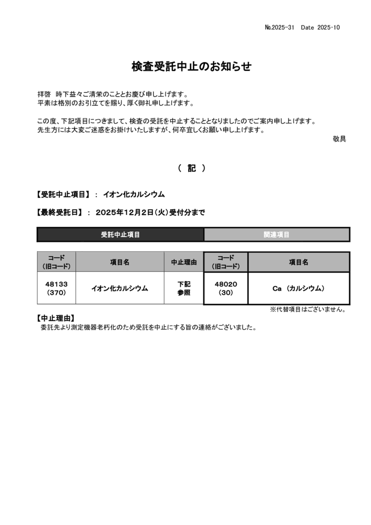 NO-31検査中止案内(イオン化カルシウム）のサムネイル